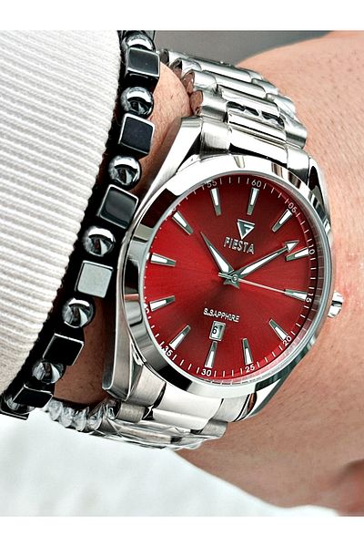 Fiesta Silver Silver Color Steel Case Cord Men Wrist Watch + Bracelet