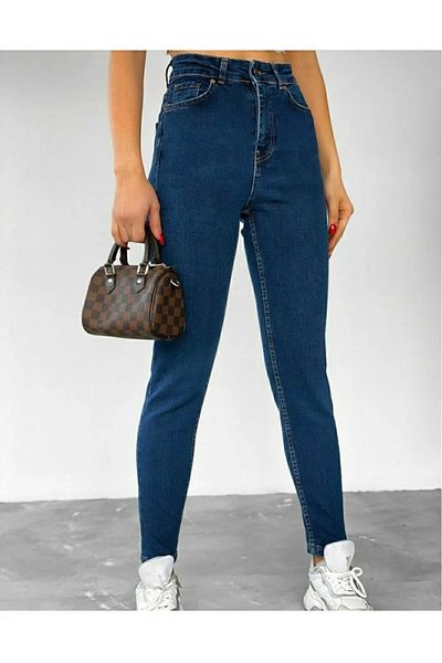 TugsatTasarTekstil Blugi Mom de damă cu talie înaltă, albastru închis, blugi premium Boyfriend