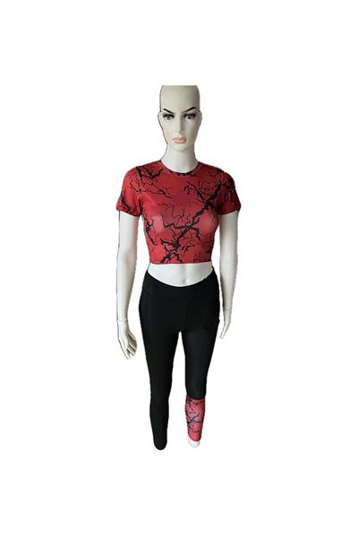LOOKSOCKS Women's Red Digital Printed Sports Crop Leggings Set