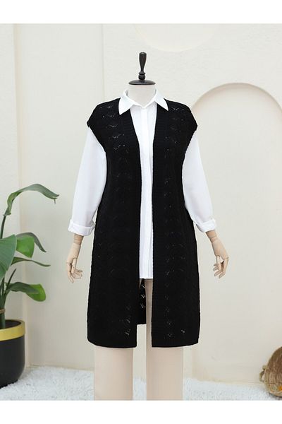 Modamorfo Openwork Long Knitwear Vest -Black