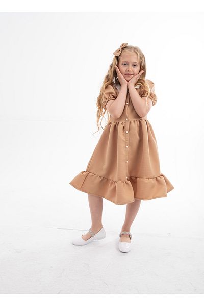 opheliateks Wednesday Ready Collar Vintage Children's Dress-Short Sleeve-Beige