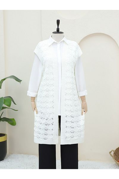 Modamorfo Vestă lungă de tricotaj ajurata -Albă