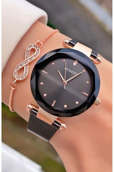 Homies Brand Rose Black Color Waterproof Women's Wristwatch - With Bracelet Gift