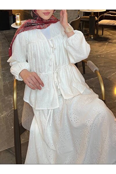 Modamorfo Elastic Sleeve and Tie Front Lined Kimono Set - White