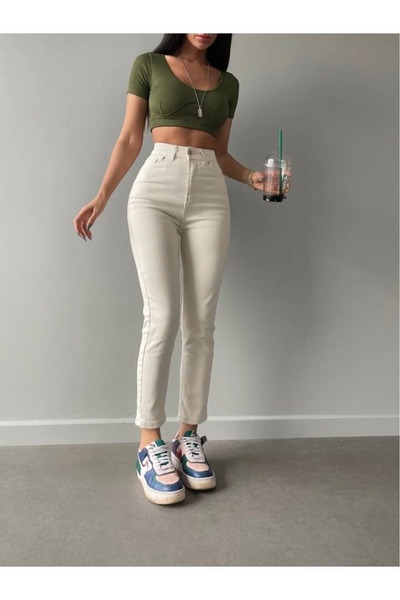 TugsatTasarTekstil Kadın Yüksek Bel Bej Krem Mom Kot Pantolon Boyfriend Premium Jeans