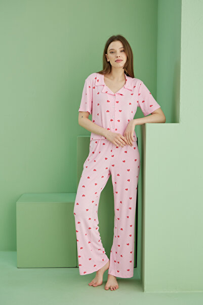 Siyah İnci pembe kalp baskılı Fitilli Kaşkorse Örme Düğmeli Gömlek Yaka Pijama Takım