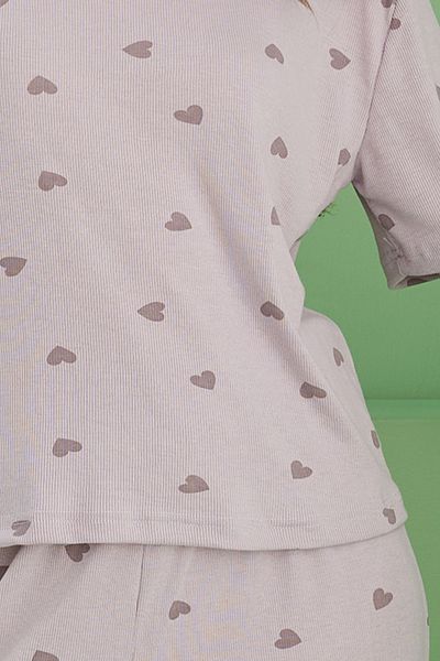 Siyah İnci Lilac Heart Printed Ribbed Camisole Knitted Pajama Set