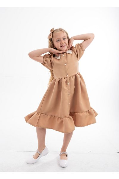 opheliateks Wednesday Ready Collar Vintage Children's Dress-Short Sleeve-Beige