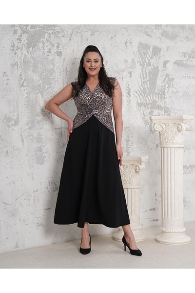 Butik Nilyam Women's Plus Size V-Neck Sequin Embroidered Front Twist Detailed Maxi Length Stretchy Evening Dress 24731