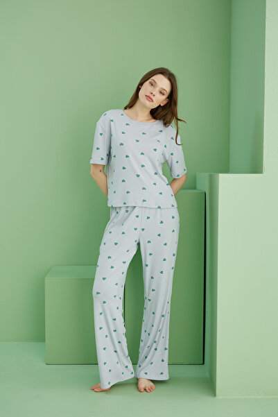 Siyah İnci mavi kalp baskılı Fitilli Kaşkorse Örme Pijama Takım