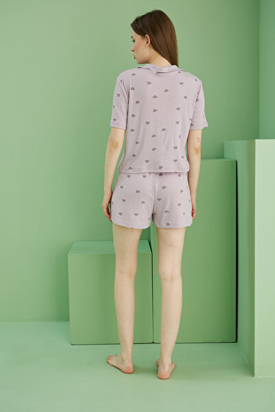 Siyah İnci lila kalp baskılı Fitilli Kaşkorse Örme Düğmeli Gömlek Yaka Şort Takım