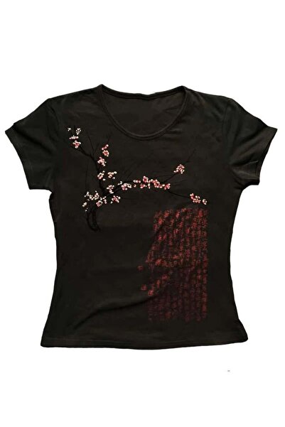 Karakedi Μαύρο κοντομάνικο κορμάκι με στάμπα ιαπωνικού Cherry Blossom