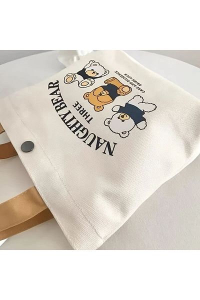 ByLily Cute Naughty Bear Three , White Tote Bag Stylish Cartoon Bear Design