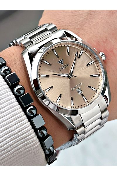 Fiesta Silver Silver Color Steel Case Cord Men Wrist Watch + Bracelet