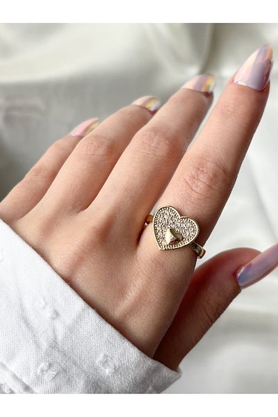 Eylülün Takısı Women's Gold Color Stone Heart Ring