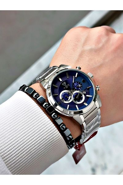 Fiesta Silver Color Function Steel Case Cord Elite Men's Wrist Watch + Bracelet