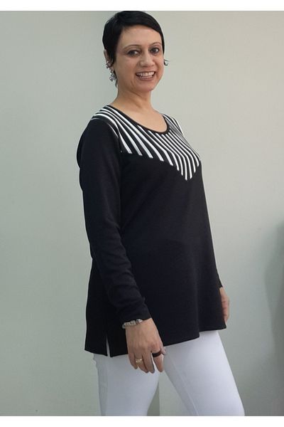 Mertcan Butik Black Front Black and White Stripe Color Block Long-Sleeve Combed Viscose T-Shirt