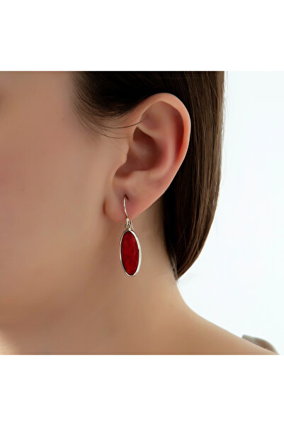 Pinart 925 Ayar Gümüş Oval Kırmızı Akik Taşlı Kadın Sallantılı Küpe Pnrtb001442