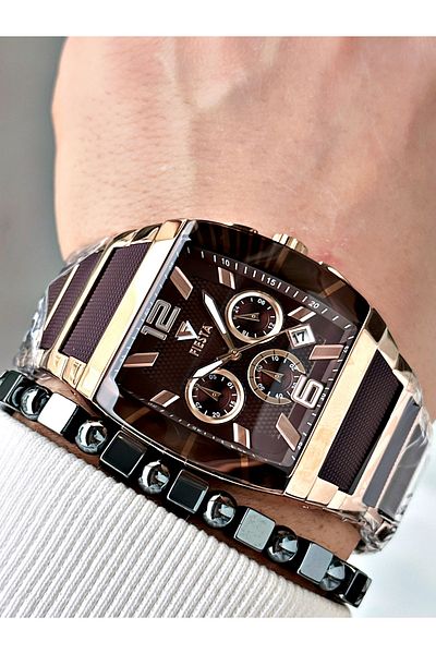Fiesta Coffee Color Square Mirrored Model Steel Business Men's Wrist Watch + Bracelet