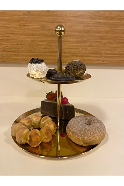 PLUS HOME SUNUM SERVİS TABAK 2 KATLI KURABİYELİK ÇELİK ALTIN AYAKSIZ
