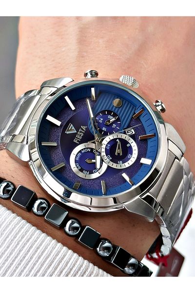 Fiesta Silver Color Function Steel Case Cord Elite Men's Wrist Watch + Bracelet