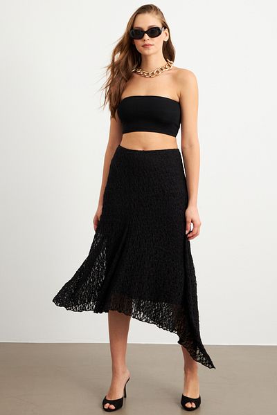 Cool & Sexy Fusta midi neagră din dantelă asimetrică pentru femei ZH357