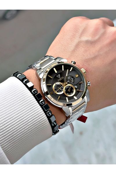 Fiesta Silver Color Function Steel Case Cord Elite Men's Wrist Watch + Bracelet