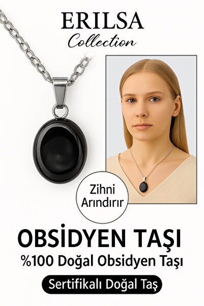 Erilsa Sertifikalı Oval Siyah Obsidyen Taşı Doğal Taş Kolye - Gümüş Aparat Negatif Enerji Temizliği Koruma