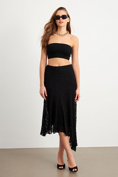 Cool & Sexy Fusta midi neagră din dantelă asimetrică pentru femei ZH357