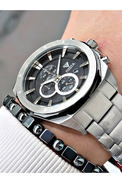 Fiesta Silver Color Steel Elite Mechanism Guaranteed Function Men's Wristwatch + Bracelet