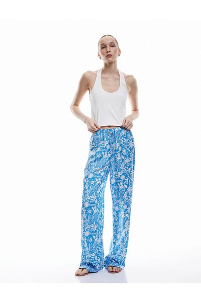 Koton Floral Waist Lace-Up Viscose Wide Leg Pants