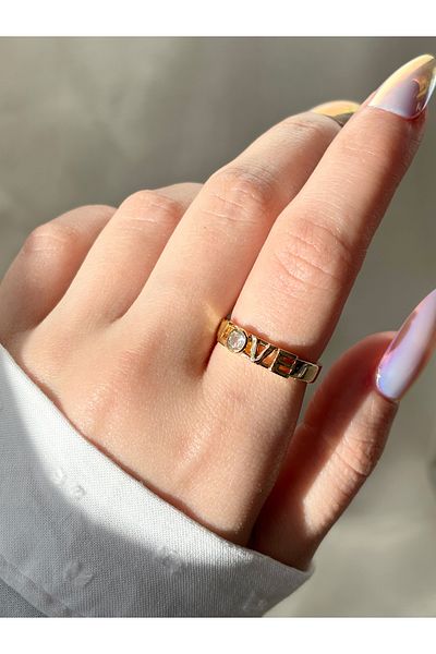 Eylülün Takısı Women's Gold Color Stone Love Ring