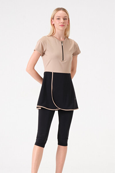 İYİBU Taş Rengi Kısa Kollu Yarı Kapalı Elbise Mayo 4 lü Set (Üst, Tayt, Büstiyer, Bone)