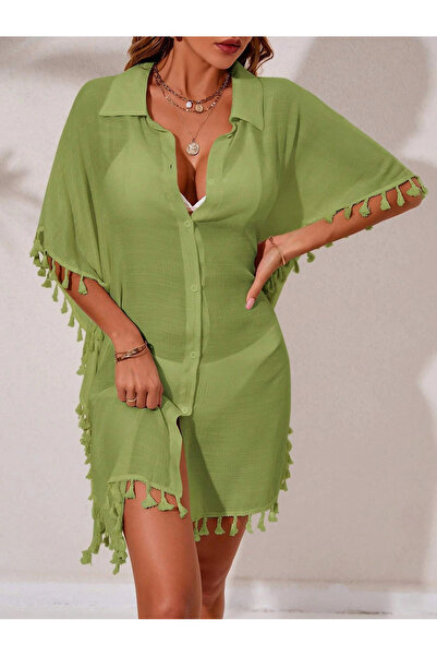 HOPLEVER Bat Sleeve Buttoned Pareo with Tasseled Edge