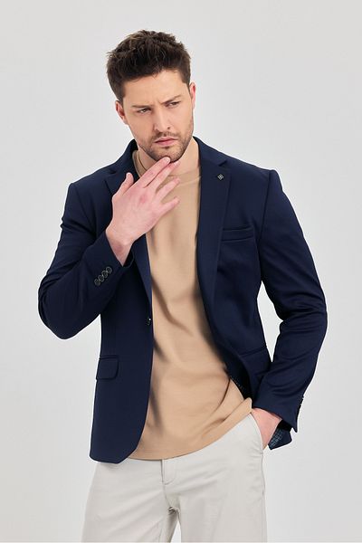 Frappoli Мъжко тъмносиньо сако с прилепнала кройка от поливискон плат Ferico