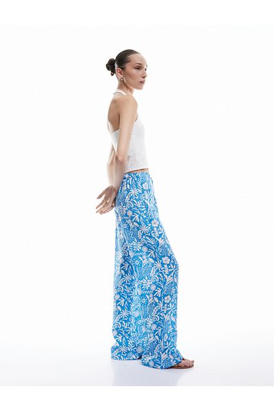 Koton Floral Waist Lace-Up Viscose Wide Leg Pants