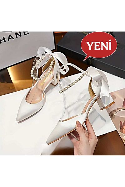 Modavien Women's Silver Satin 5 cm Pearl Bridal Shoes