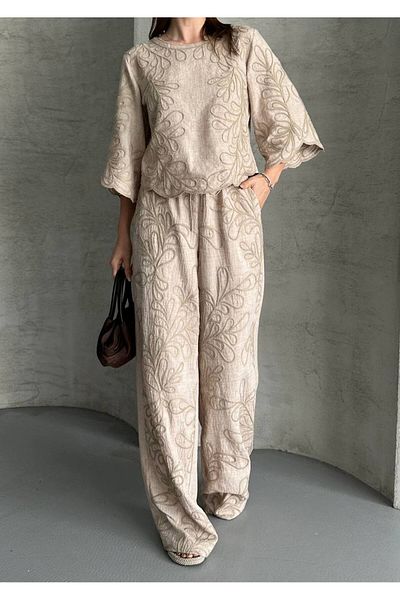 HandCo Women's Embroidered Linen Blouse Pants Set Bohemian Elegance