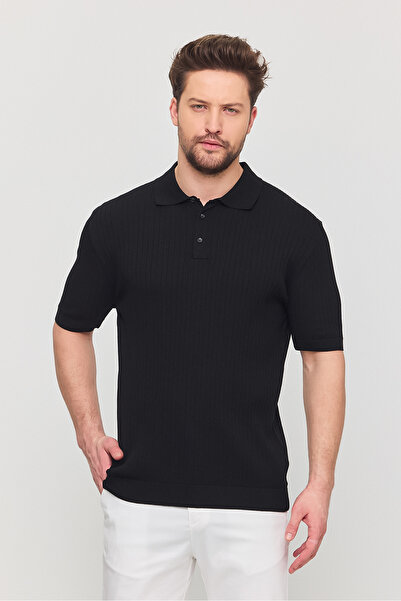 Frappoli Soria Men's Black Cotton Blended Self-Striped Polo Neck Slim Fit Knitwear