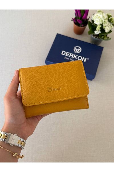 DERKON Genuine Leather Wallet with Mini Coin Compartment Mustard Yellow