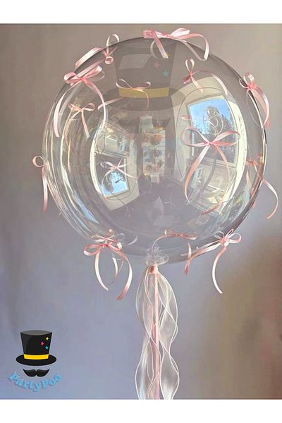 PartyPoo Transparent Bobo Balloon Pink Ribbon Bow Set Bow Balloon