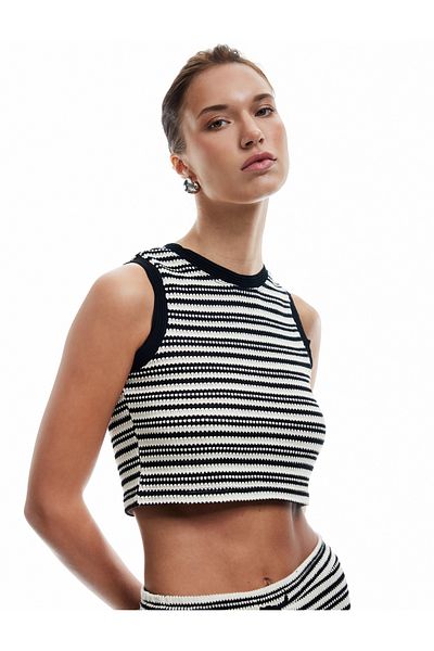 Koton Color Contrast Crew Neck Sleeveless Crochet Blouse
