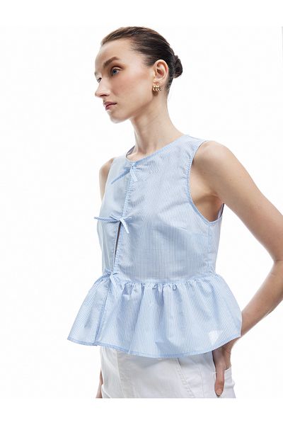 Koton Cotton Sleeveless Front Tie Detail Peplum Blouse