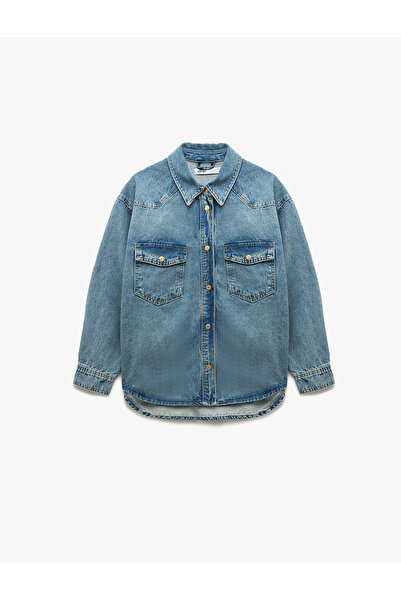Koton Cămașă din denim supradimensionată din bumbac, cu mânecă lungă, cu guler clasic, cu buzunare