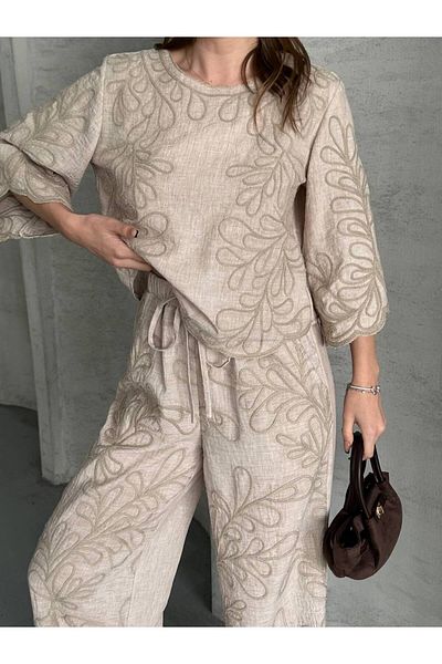 HandCo Women's Embroidered Linen Blouse Pants Set Bohemian Elegance