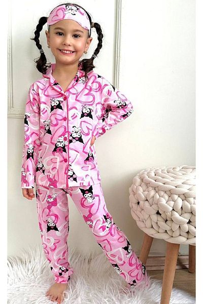 yagmurgiyim Kuromi Pattern Pink Long Sleeve Front Buttoned Girls Pajamas Set 4-12 Years