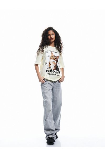 Koton Short Sleeve Crew Neck Cotton Cat Printed Oversize T-Shirt
