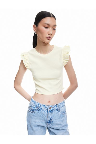 Koton Cotton Crew Neck Slim Fit Ruffle Sleeveless T-Shirt