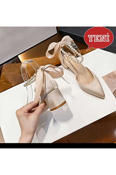 Modavien Women's Beige Satin 5 cm Pearl Bridal Shoes