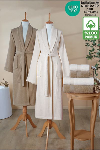 Ellaline Σετ μπουρνούζι 6 τεμαχίων ριγέ 100% βαμβάκι με πιστοποίηση, Σετ μπουρνούζι για οικογενειακό προίκο Shalyaka Coffee Cream